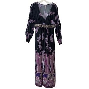 S-Twelve Purple Paisley Maxi Dress Size M Boho Beaded Empire Waist Cold Shoulder